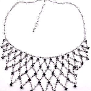 Silver ball chain black crystal bib collar Necklace